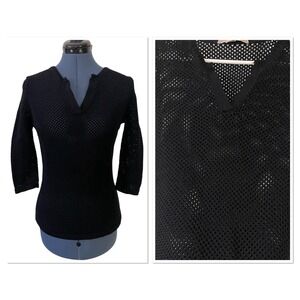 Vtg Belford Womens Black Crochet Open Knit V Neck Top 3/4 Sleeve Sheer Cotton M